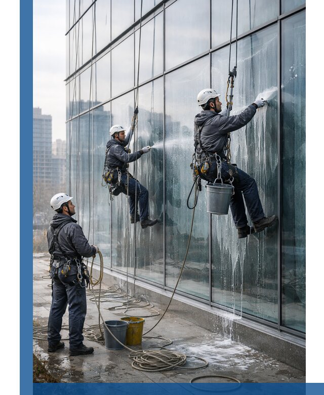 Промышленная мойка панорамных окон на высоте в Соли-Илецке