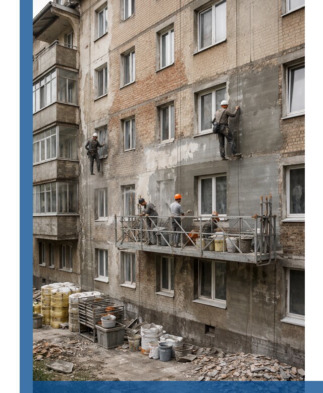 Капитальный ремонт фасада в Соли-Илецке с восстановлением и гидроизоляцией