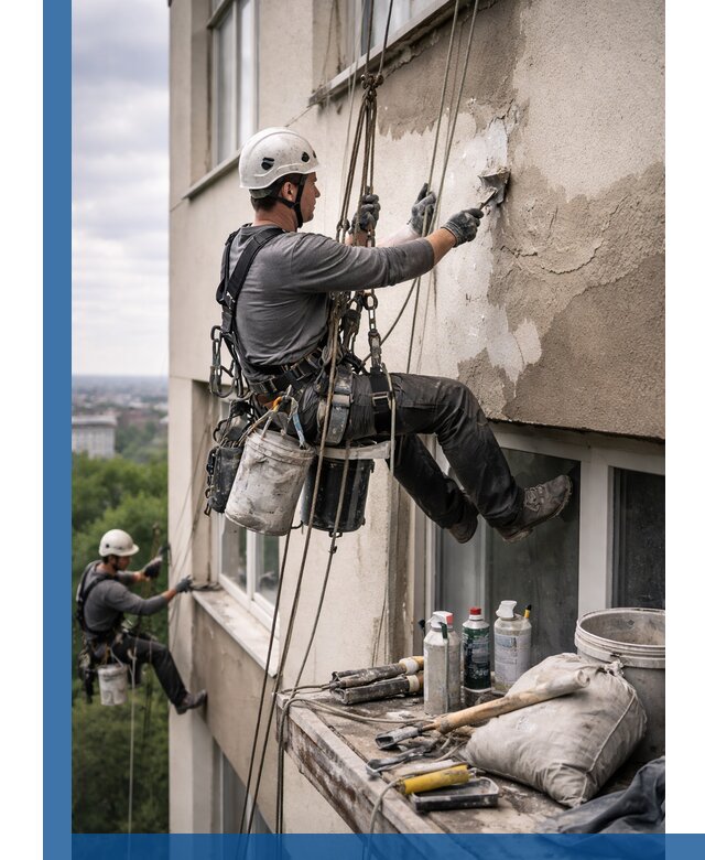 Косметический ремонт фасада зданий в Соли-Илецке промышленными альпинистами