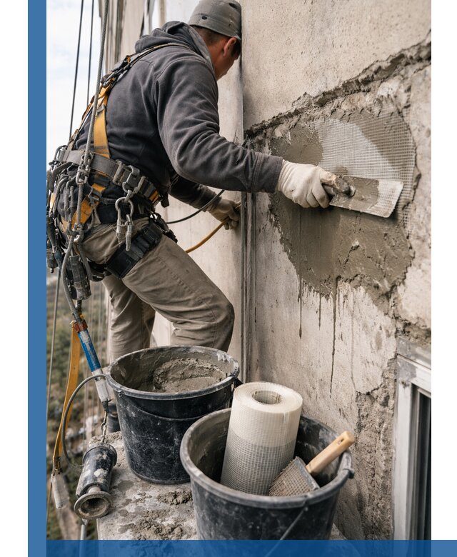 Ремонт бетонных элементов фасада промышленными альпинистами в Соли-Илецке