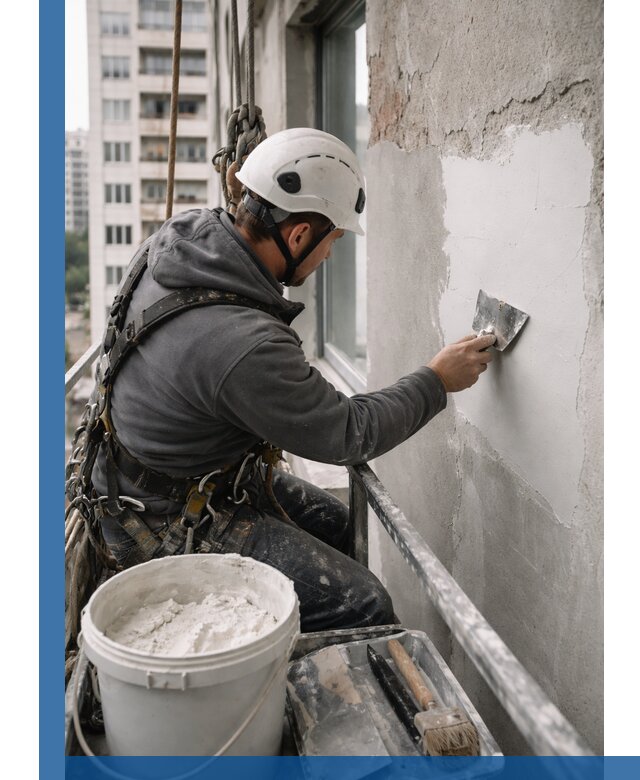 Шпаклевка фасадов на высоте с промальпинистами в Соли-Илецке