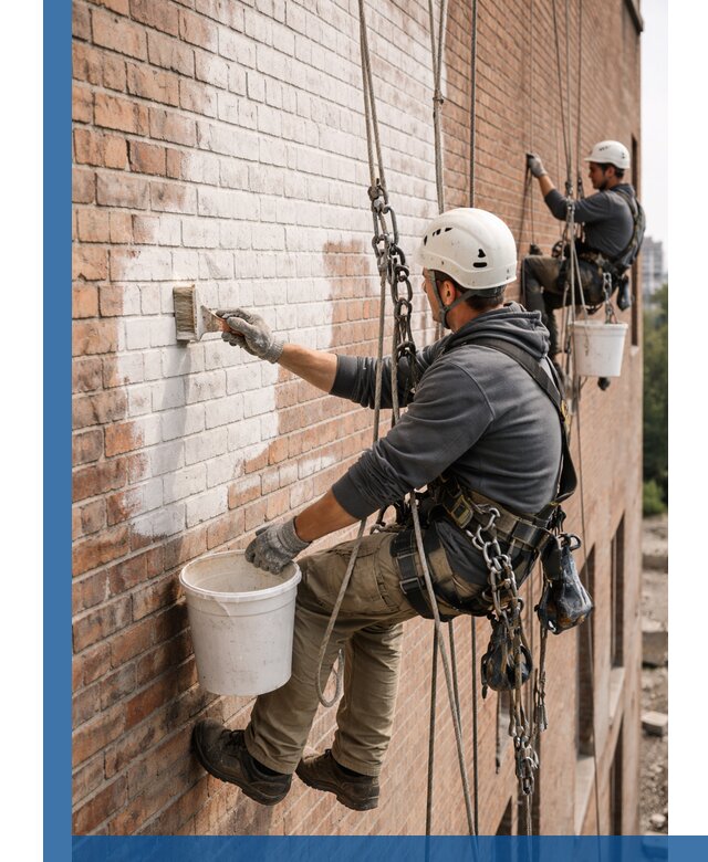 Покраска кирпичного фасада с доступным альпинистским сервисом в Соли-Илецке