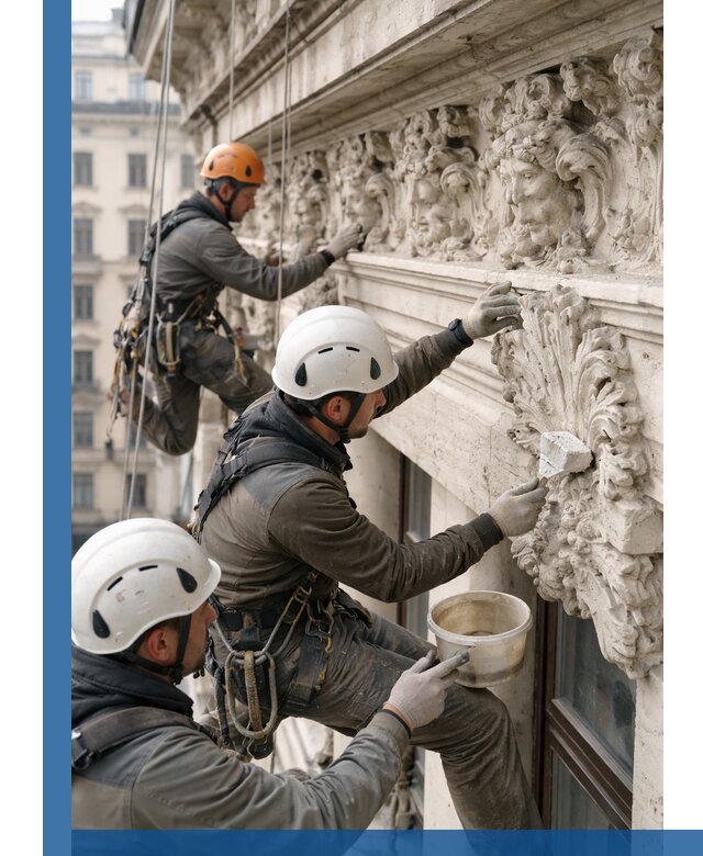 Реставрация фасадной лепнины с высотными работами в Соли-Илецке