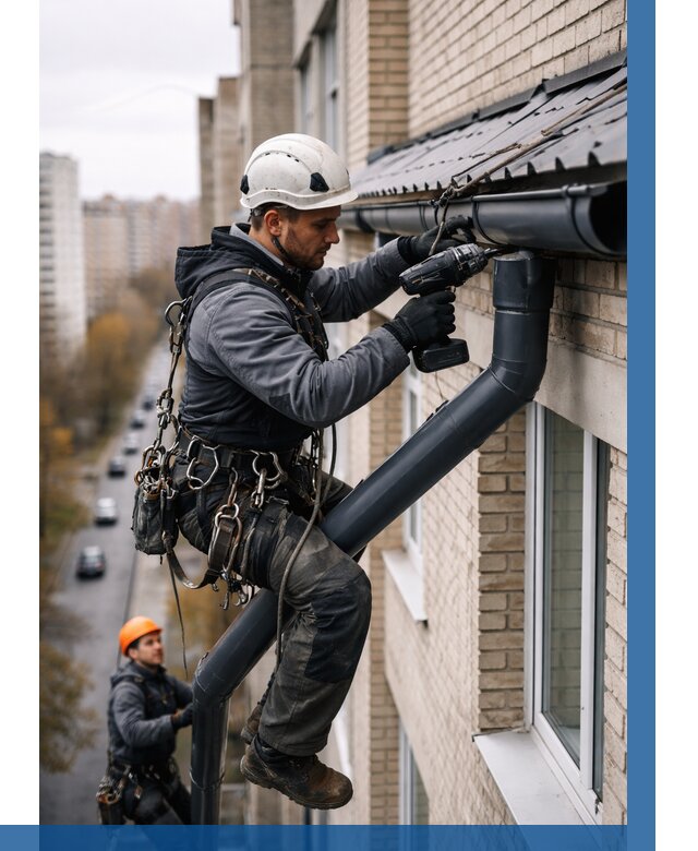 Монтаж водосточной системы на здании в Соли-Илецке от 5209 р. | ВЫСОТНИК-Сои