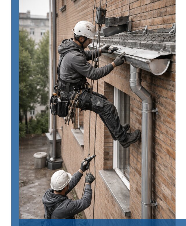 Монтаж водосточной системы на здании в Соли-Илецке под ключ