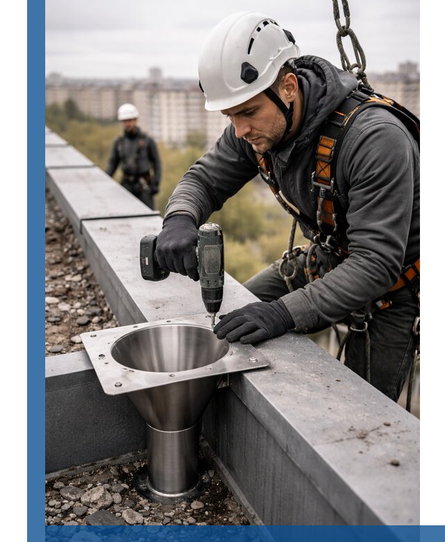 Монтаж водосточных воронок в Соли-Илецке для промышленных зданий