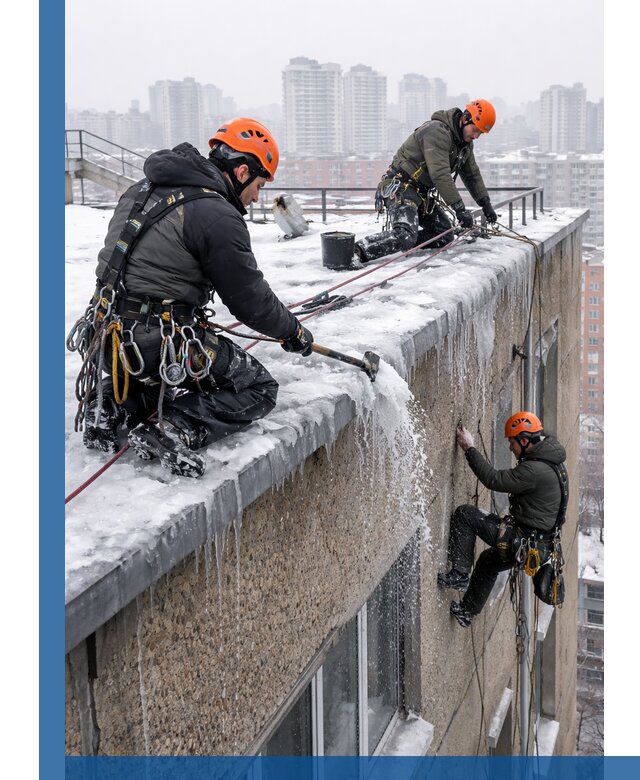 Удаление наледи с кровли в Соли-Илецке промышленными альпинистами