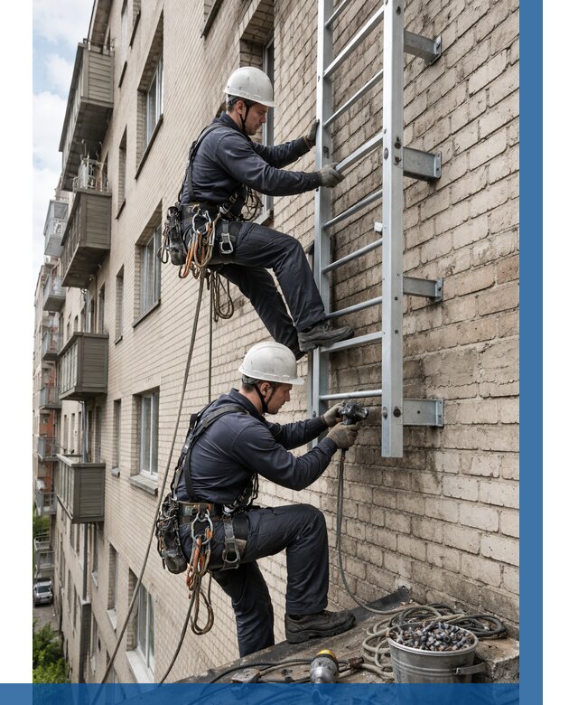 Монтаж пожарной лестницы в Соли-Илецке от 26045 р заказать у ВЫСОТНИК-Сои