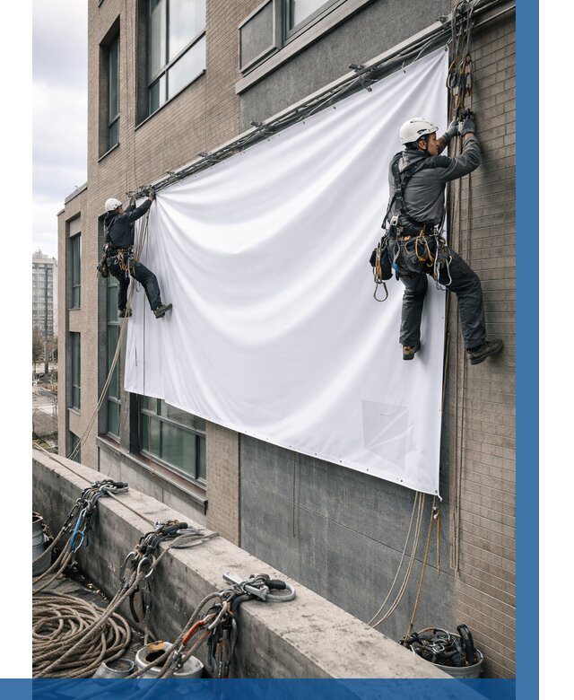 Монтаж баннеров на фасаде в Соли-Илецке от 677 р. заказать ВЫСОТНИК-Сои