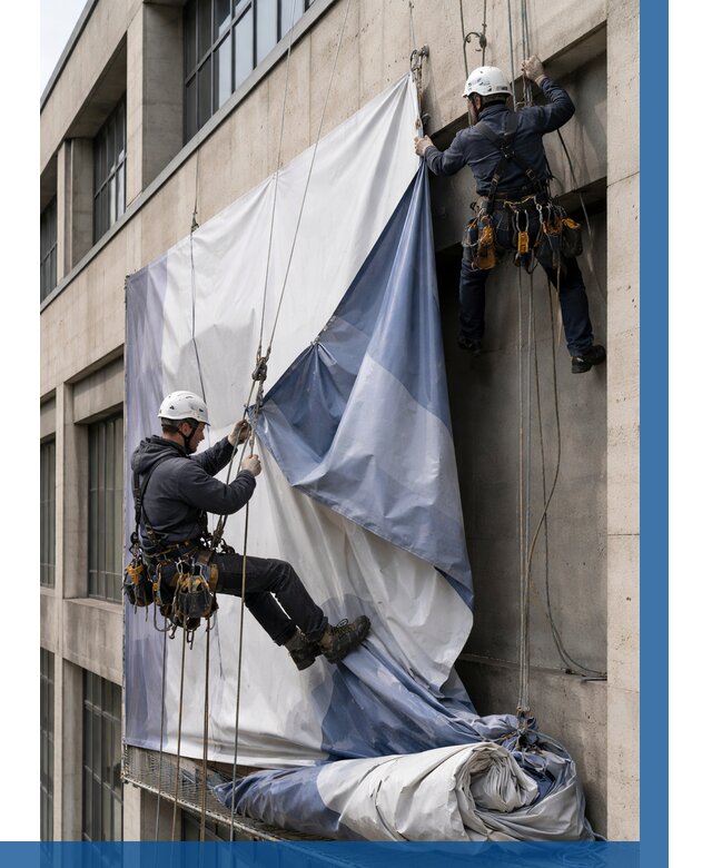 Демонтаж баннеров с фасада в Соли-Илецке от 4688 р. | ВЫСОТНИК-Сои