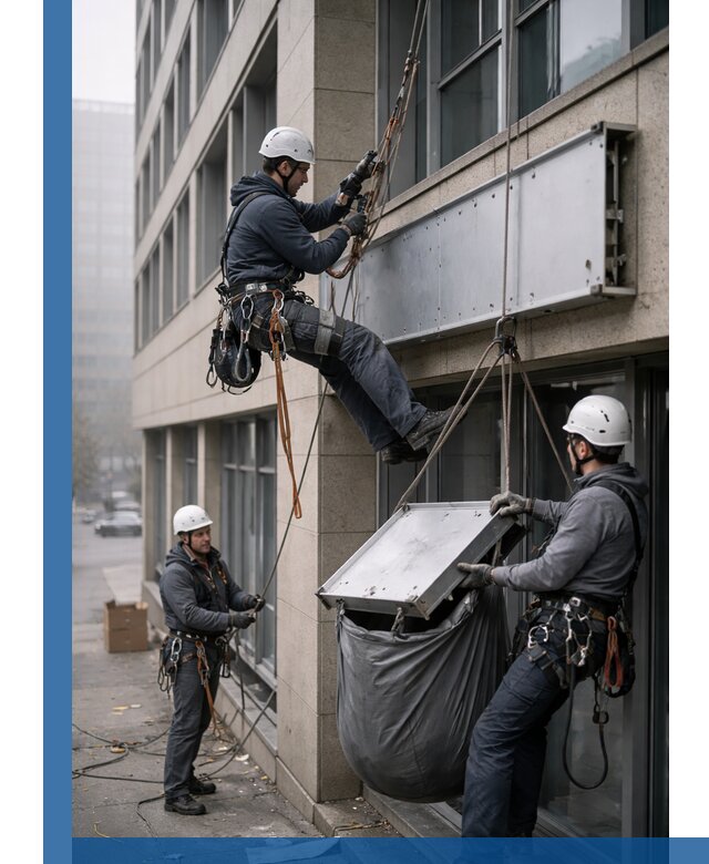 Демонтаж рекламной вывески с высотными работами в Соли-Илецке