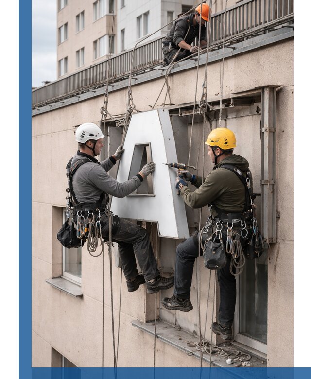 Ремонт и восстановление наружных вывесок на высоте в Соли-Илецке