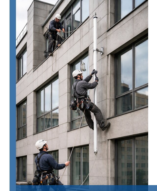 Монтаж флагштока на фасаде здания с креплением и герметикой в Соли-Илецке