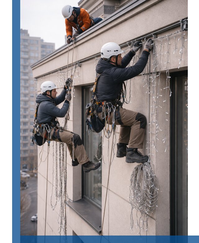 Монтаж праздничных гирлянд на фасаде в Соли-Илецке для зданий