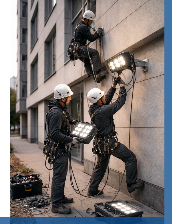 Монтаж прожекторов на фасаде в Соли-Илецке от 7814 р. | ВЫСОТНИК-Сои