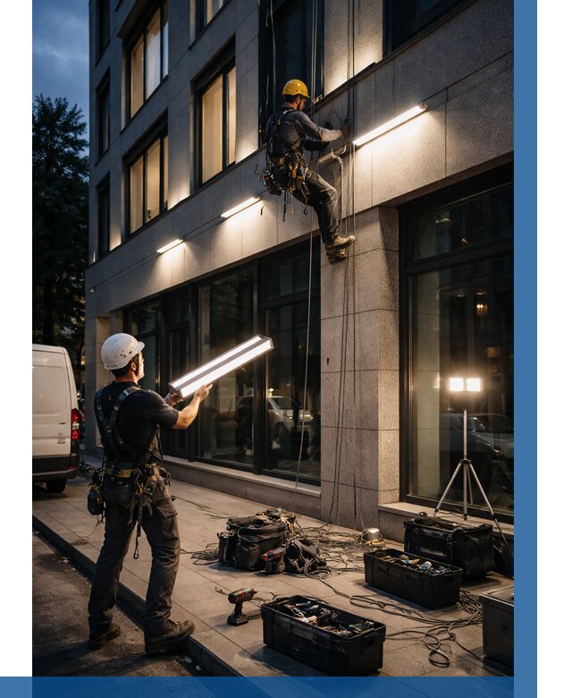 Монтаж архитектурной подсветки здания в Соли-Илецке от 2605 р.|ВЫСОТНИК-Сои