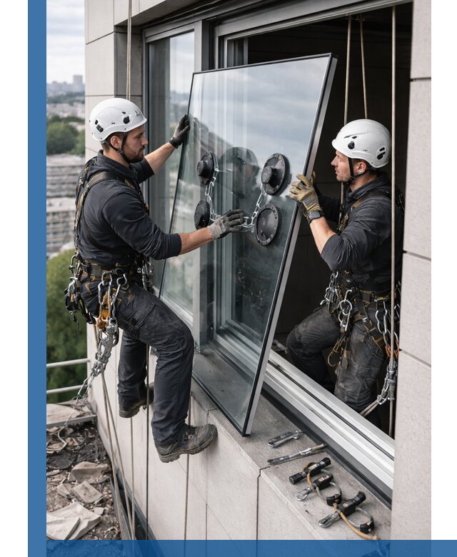 Замена стеклопакетов на высоте с промышленными альпинистами в Соли-Илецке