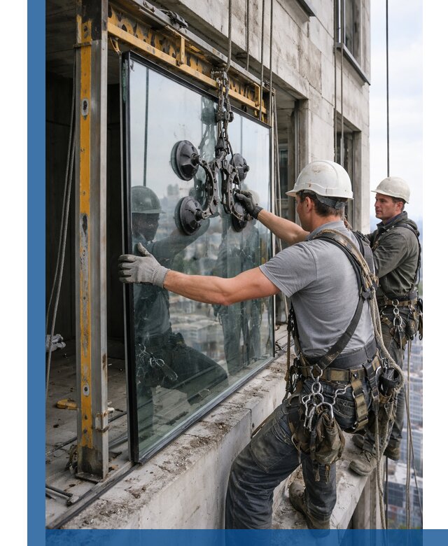 Монтаж стеклопакетов на высоте в Соли-Илецке с промышленным альпинизмом