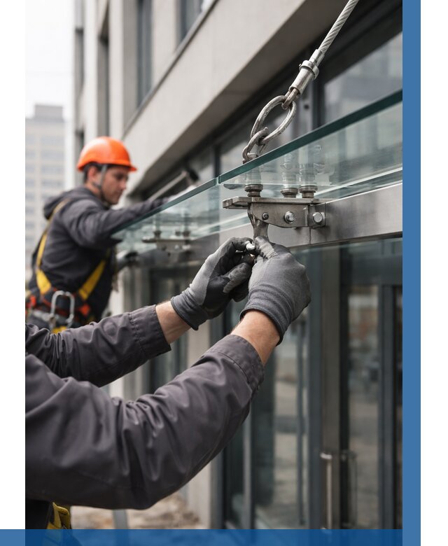 Монтаж стеклянных козырьков в Соли-Илецке от 8855 р. | ВЫСОТНИК-Сои