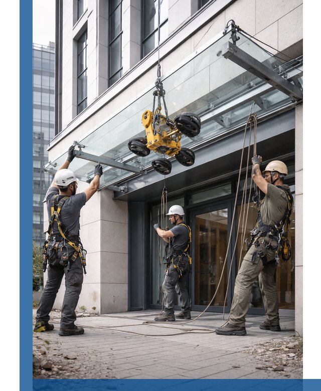 Монтаж стеклянных козырьков под ключ в Соли-Илецке для зданий