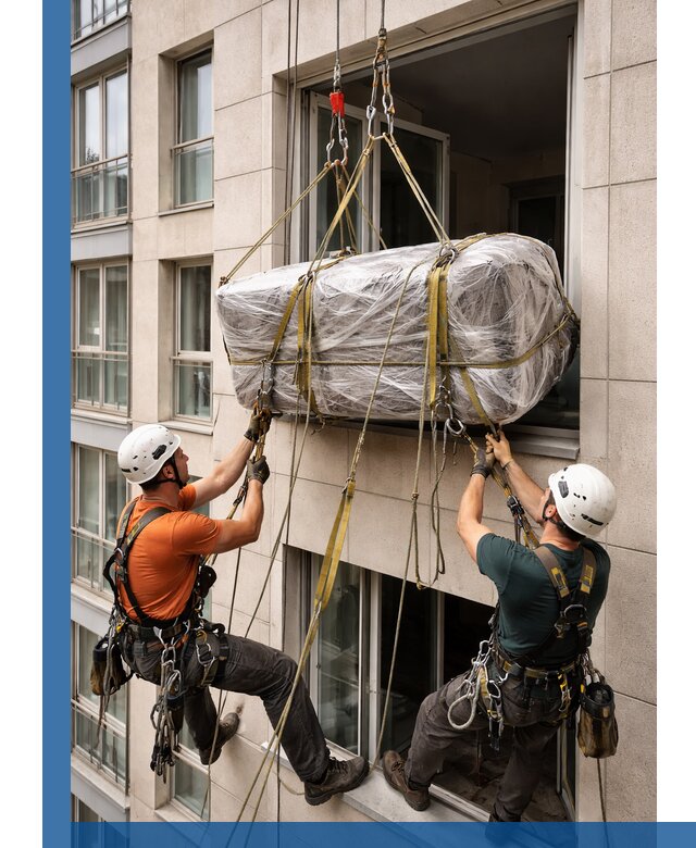 Подъем грузов через окно в Соли-Илецке промышленными альпинистами