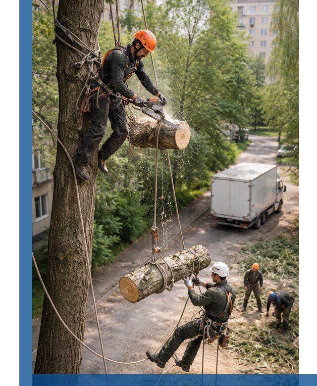 Спил деревьев альпинистами в Соли-Илецке, безопасно и без повреждений