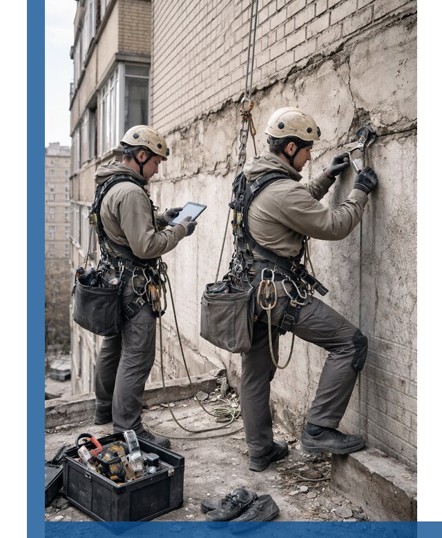 Обследование фасада промышленными альпинистами в Соли-Илецке